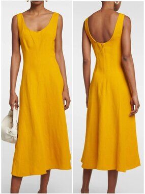 Vince Linen Blend Panelled Sleeveless Midi Dress in Papaya